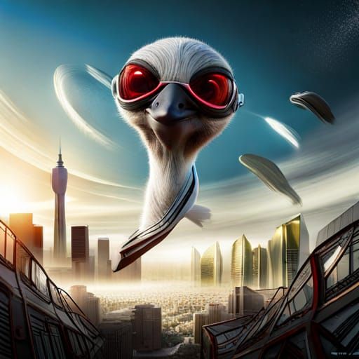 Ostriches Play Blindfolded Soccer in Futuristic Cityscape
