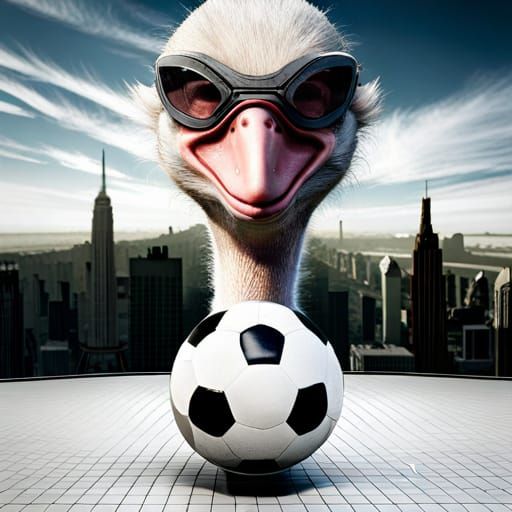 Ostriches Play Blindfolded Soccer in Futuristic Landscape