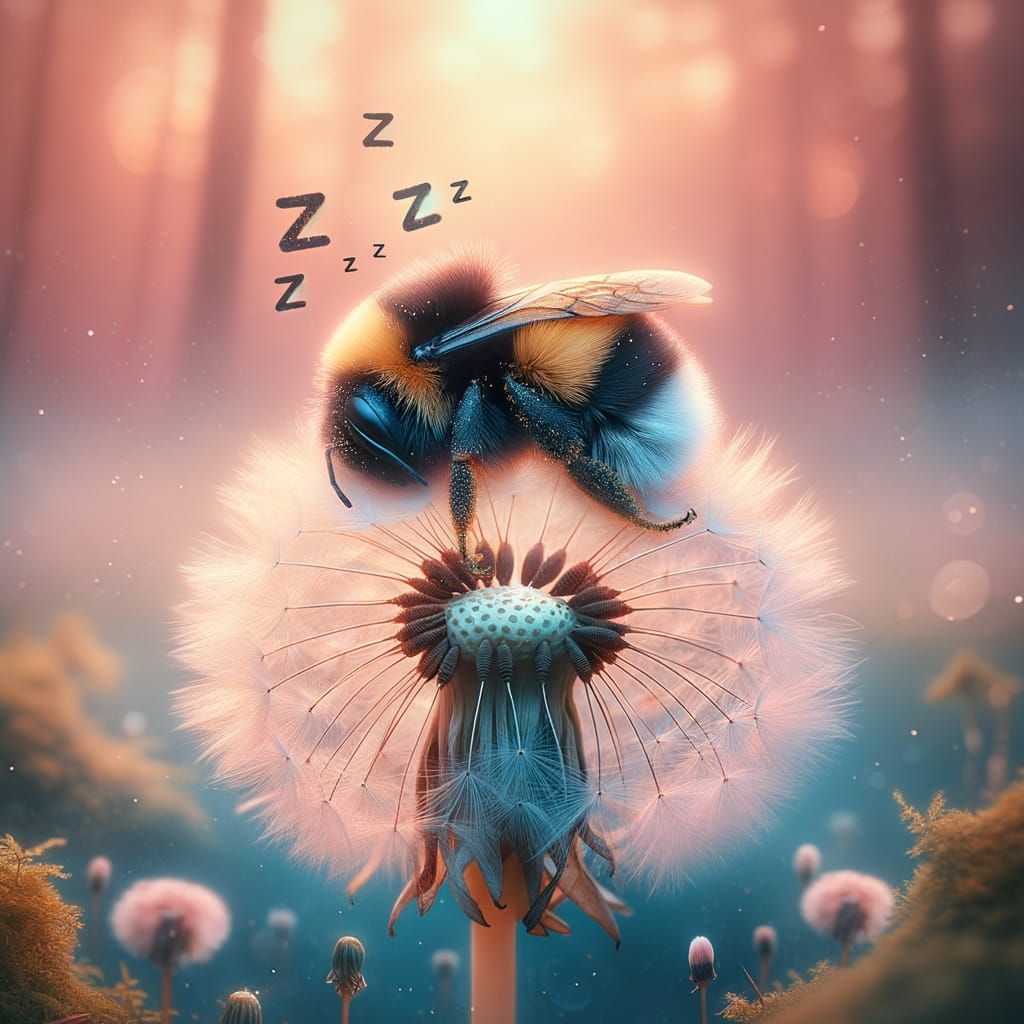 Dreamy Bumblebee Asleep on Dandelion Puff