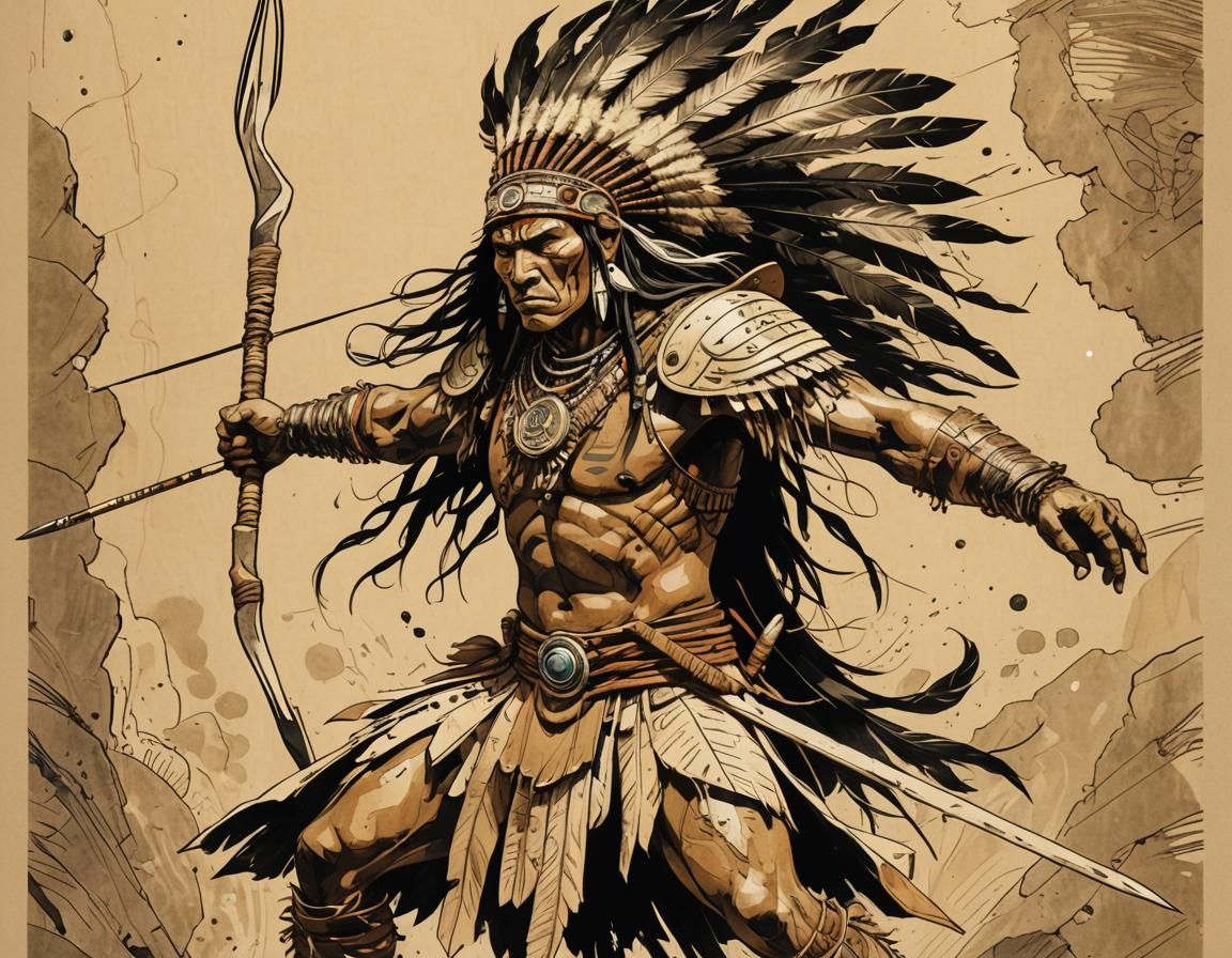 Native American Warrior in Dynamic Ink Sketching