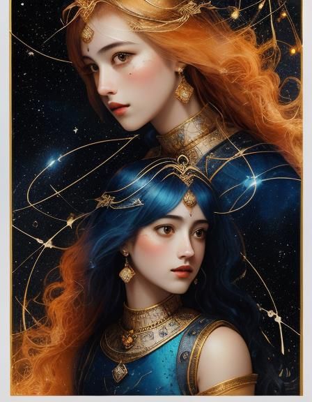 Double Exposure 'Women as Gemini' in Line Art