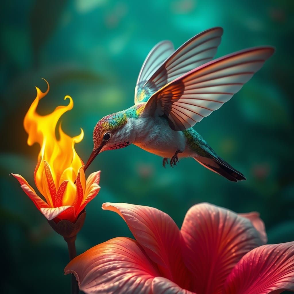 Vibrant Hummingbird Ignites Rare Flower in Fantasy Concept A...