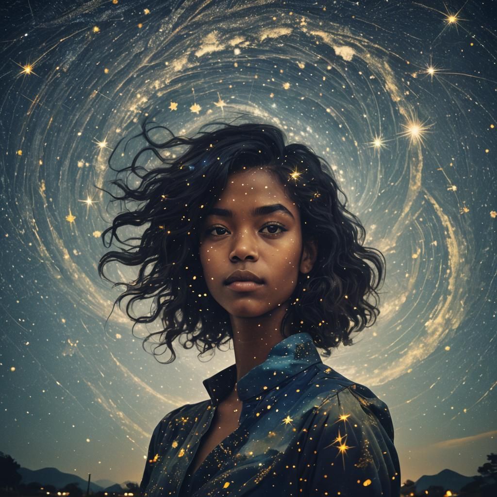 Geisha in Starry Night Double Exposure