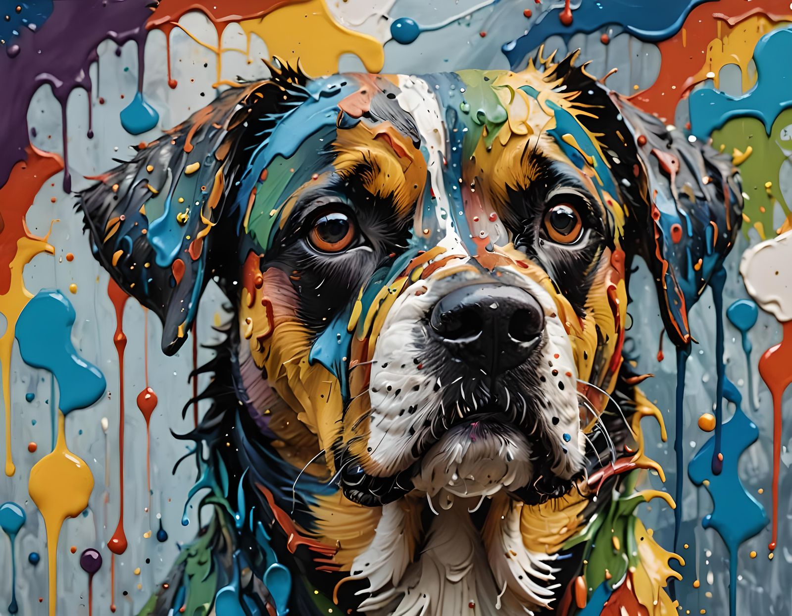 Thick layers of paint on a painting of a dog with paint that drips in the background. intricately detailed impasto oil p...