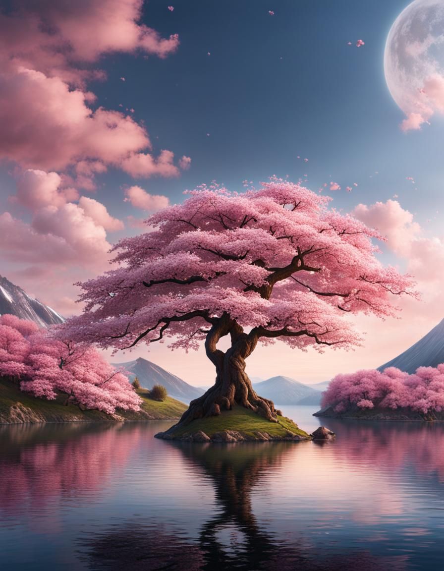 Cherry blossom tree on a hill in the middle of the lake