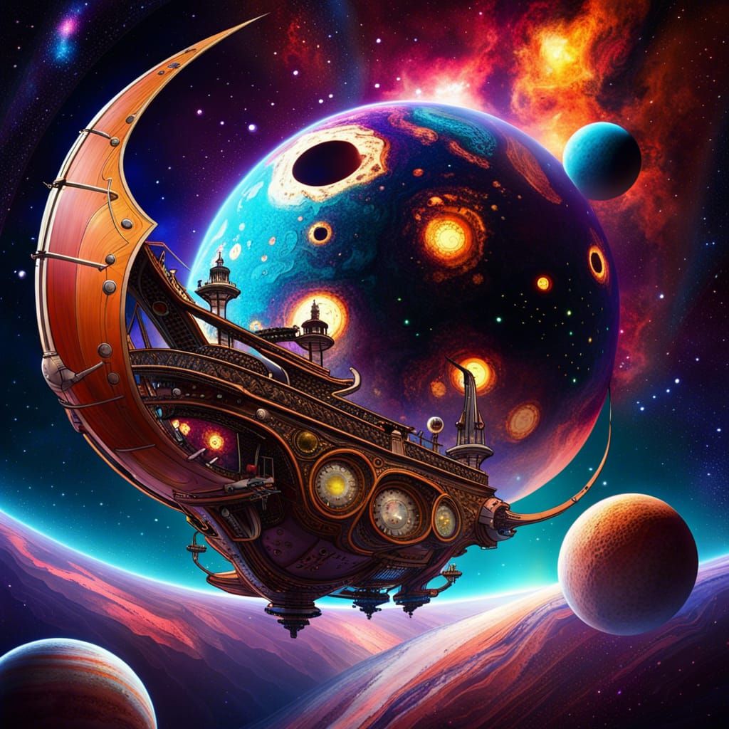 Space Pirate Ship Navigating a Gas Giant