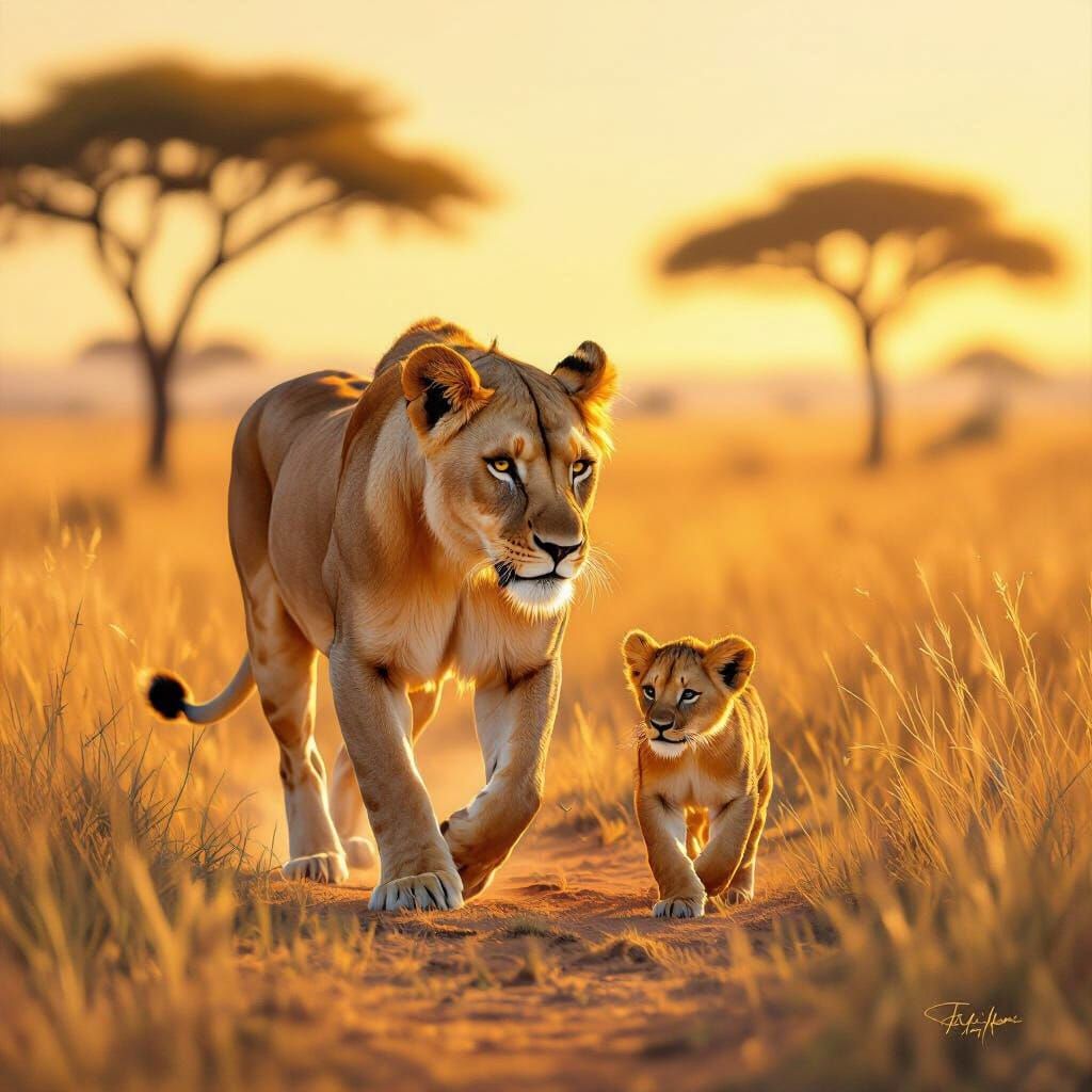 Lioness and Cub on Golden Savanna Oil Painting