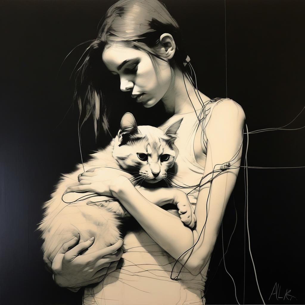 Girl Holding Cat in Sketchy Technical Drawing Style