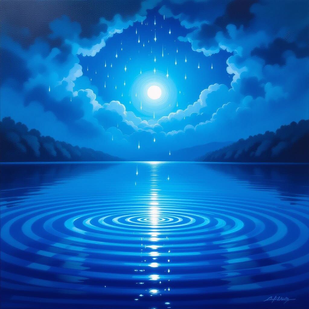 Dreamy Blue Lake Radiance in Surrealist Oil Painting Style