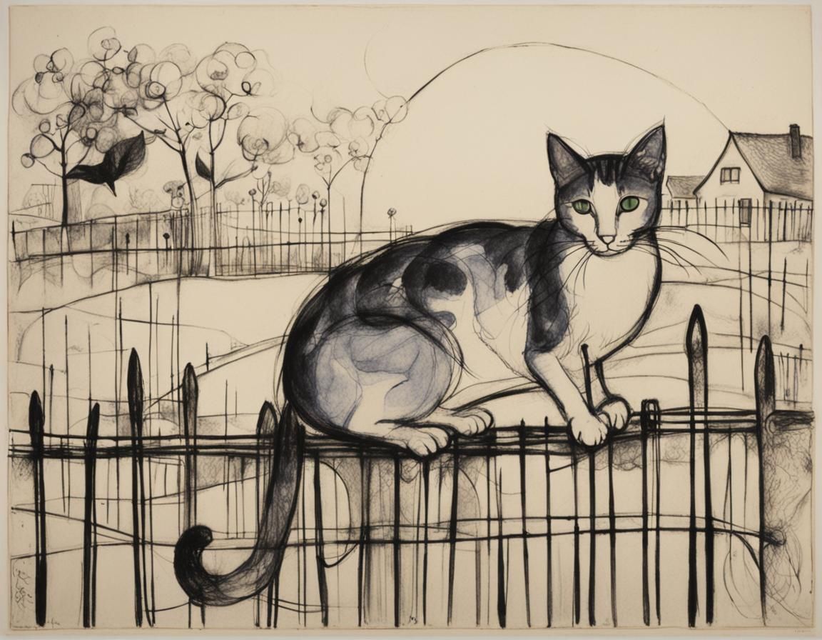Cat on Fence: Charcoal and Ink Art