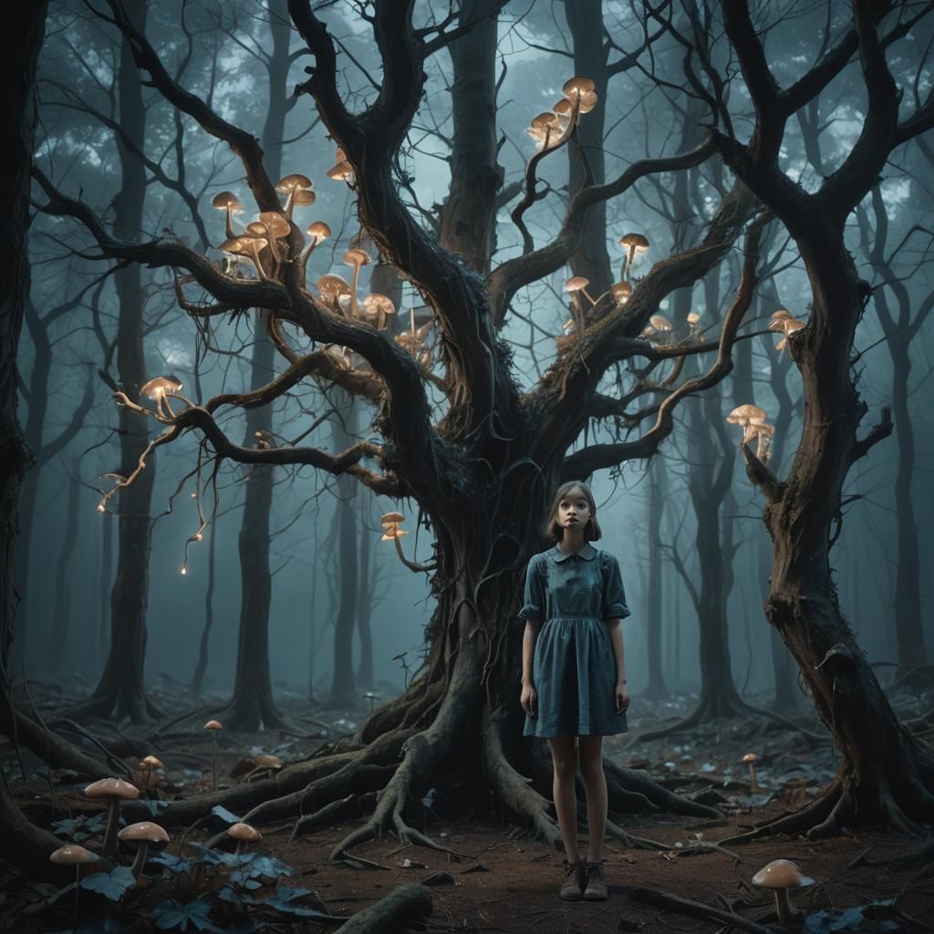 Eerie Forest Scene with Glowing Mushrooms