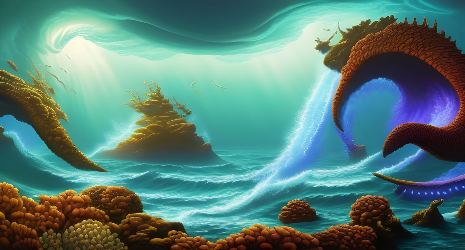 Bioluminescent Octopuses in Neon Fantasy Tavern, Digital Art