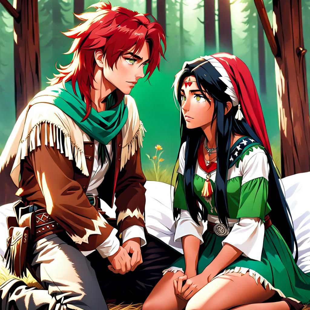 Cowboy's Affection: Western Scene with Native American Girl