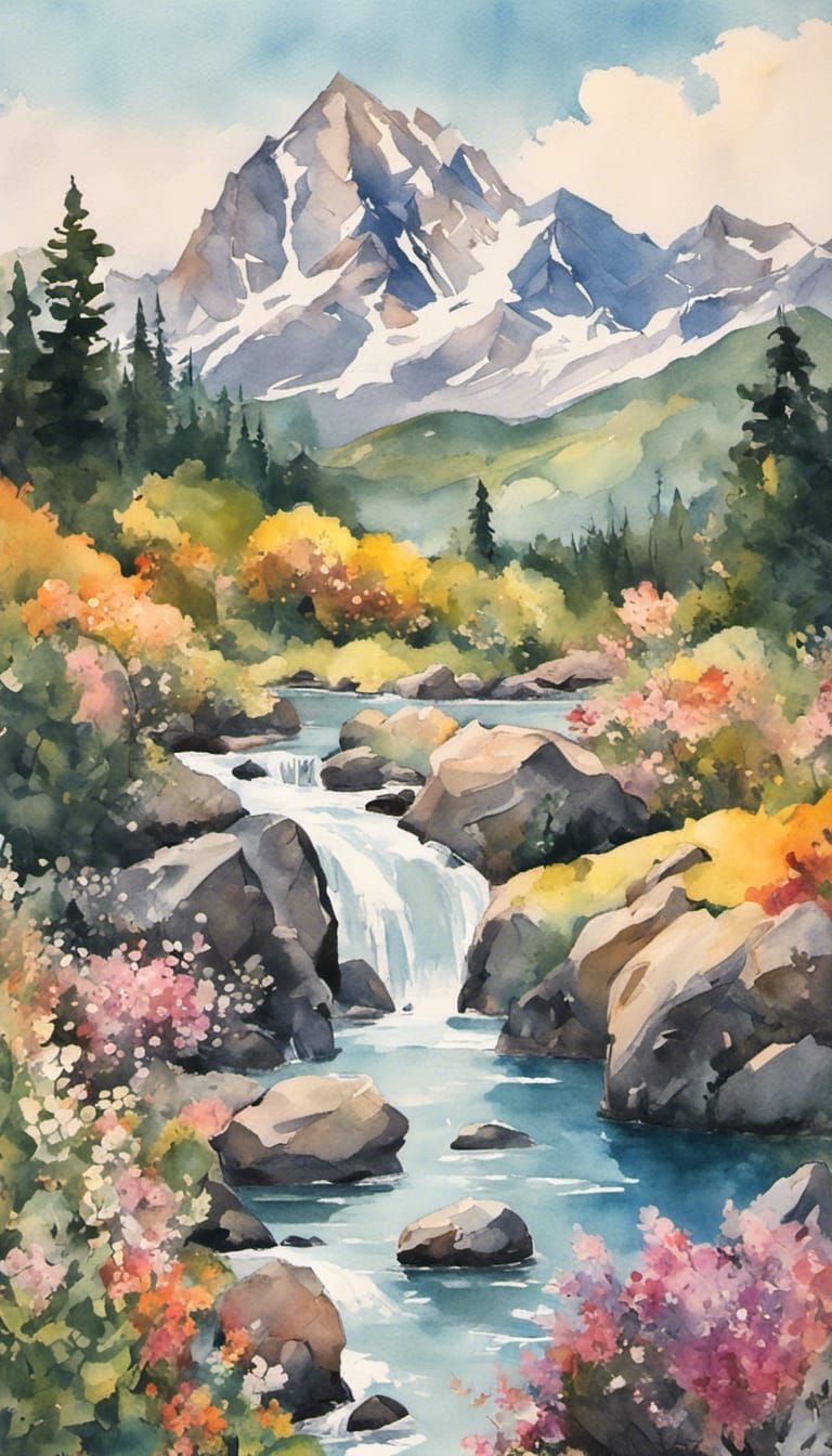 Mountainous Landscape in Gouache and Watercolor Style