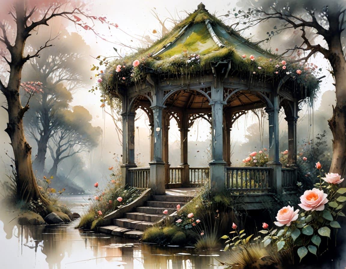 Moss Covered Garden Gazebo with Roses