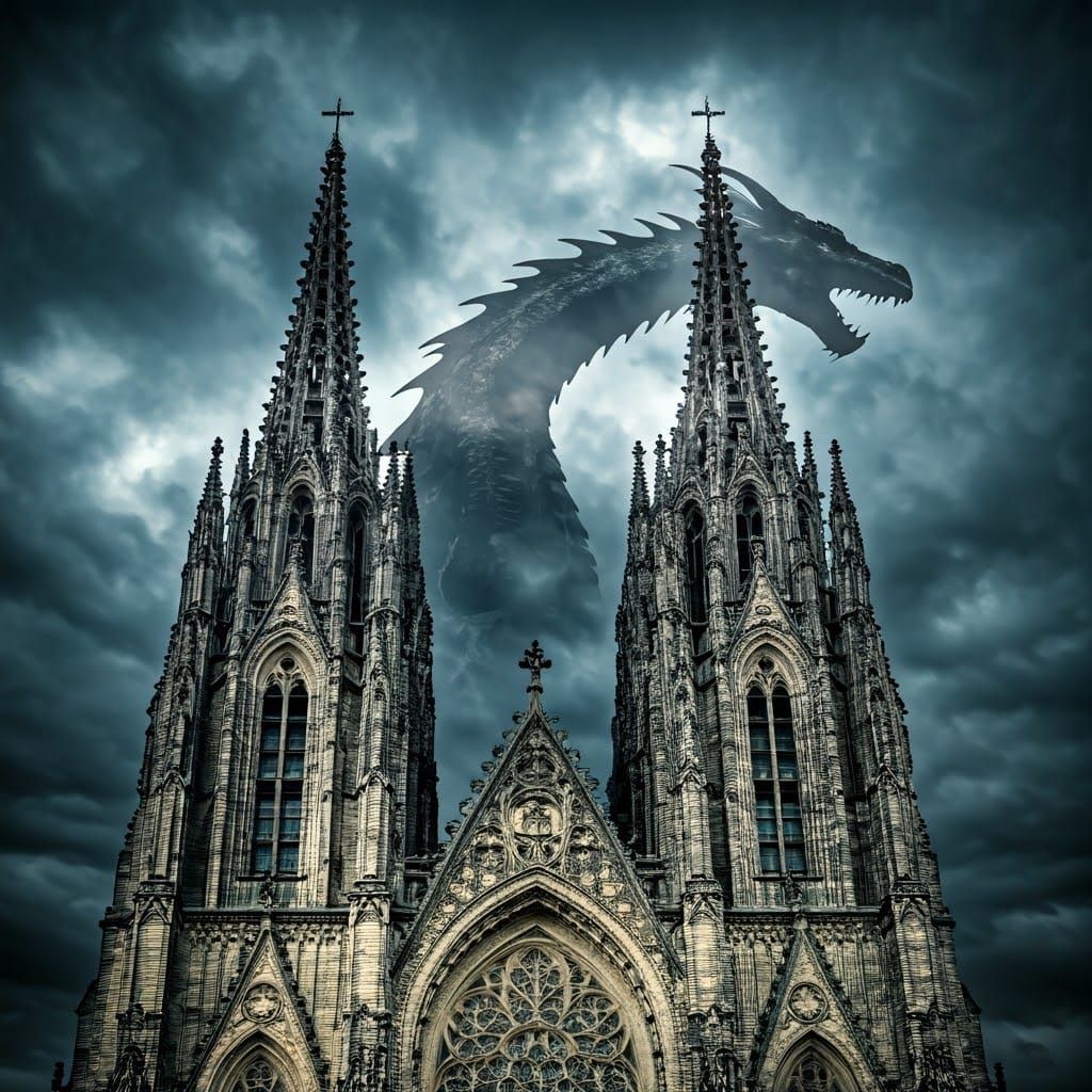 Gothic Cathedral Under Siege by Majestic Dragons in Stormy S...