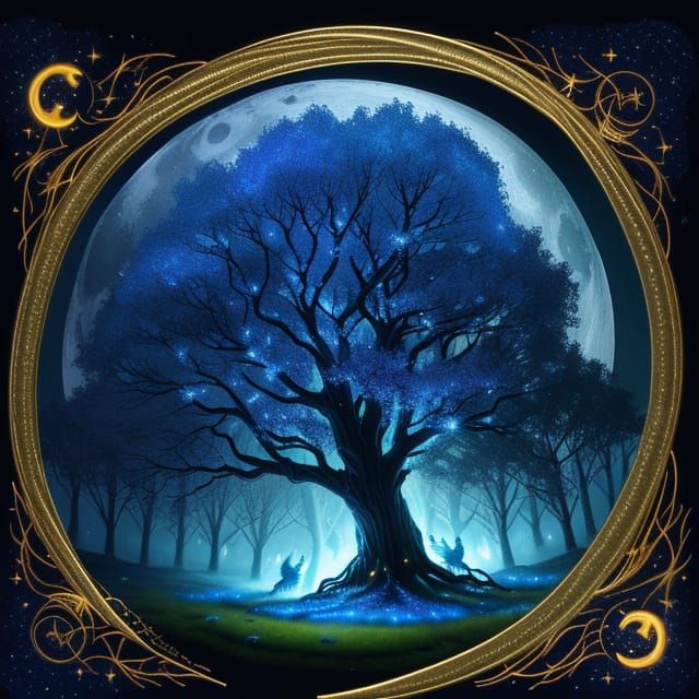 Whimsical Fantasy Scene with Glowing Tree and Magical Creatu...