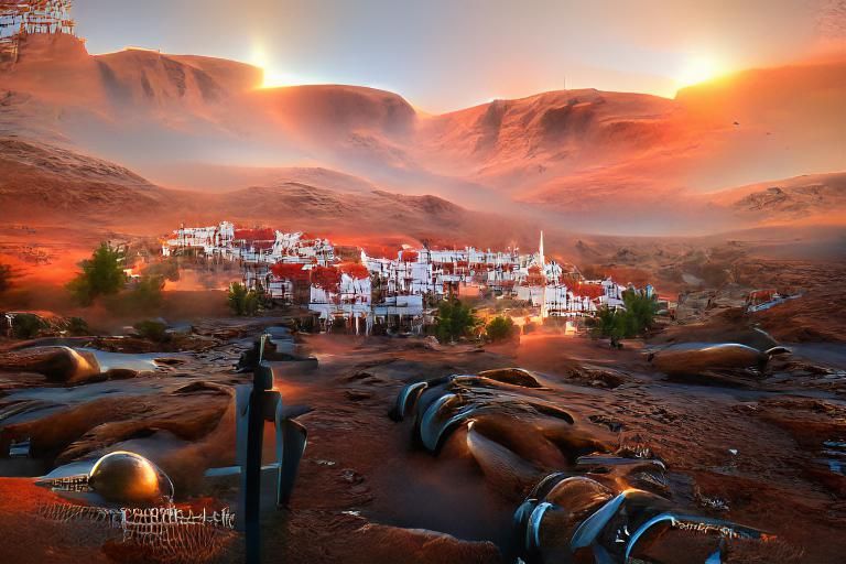 Sci-Fi Colonial City on Mars Sunset
