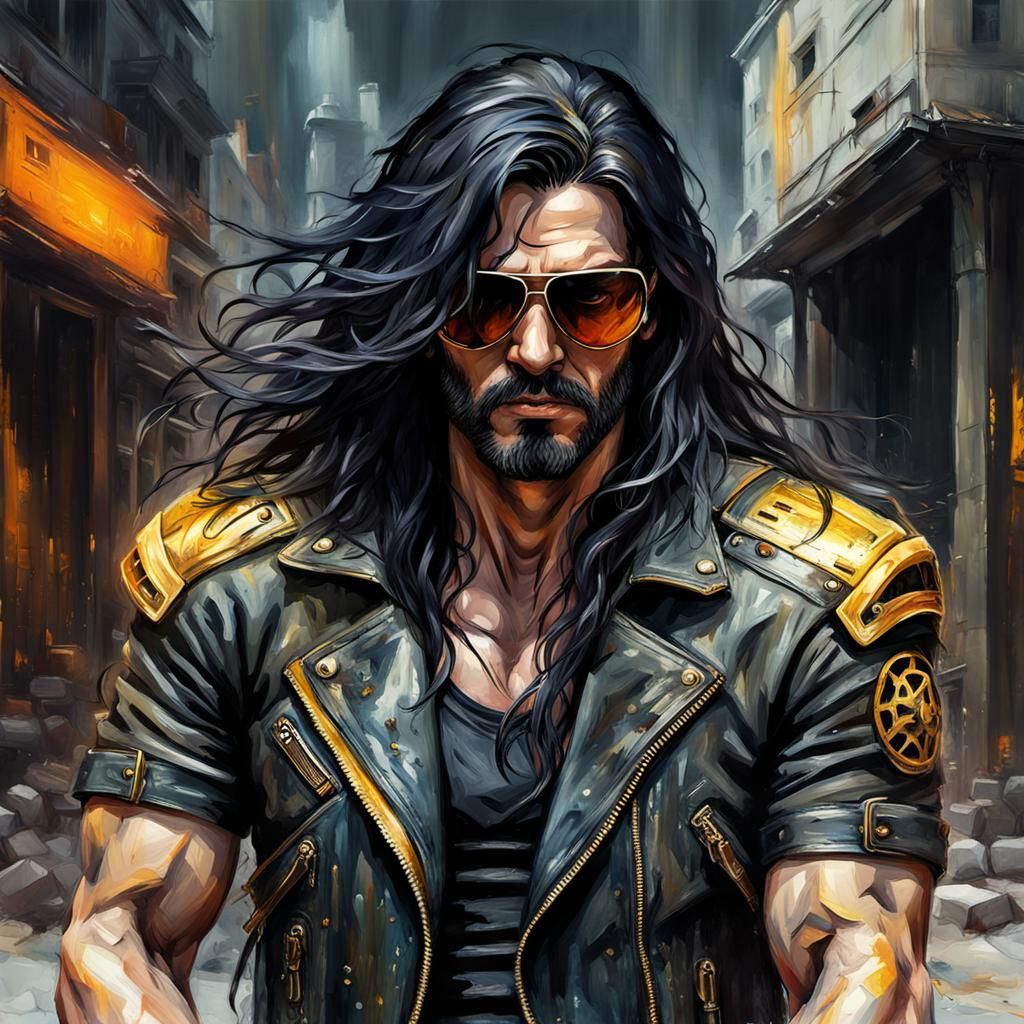 Cyberpunk Biker on Motorcycle in Watercolor Style