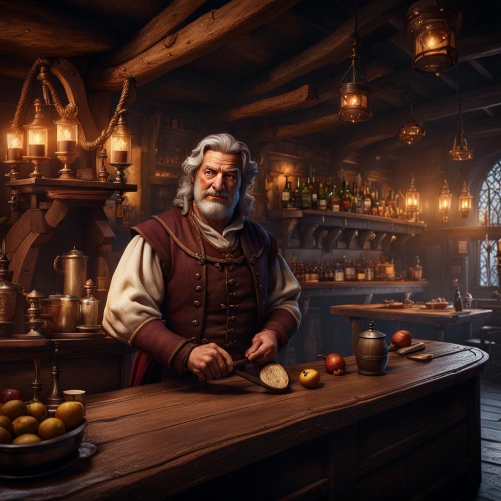 Jolly Innkeeper in Medieval Tavern: Detailed Matte Painting