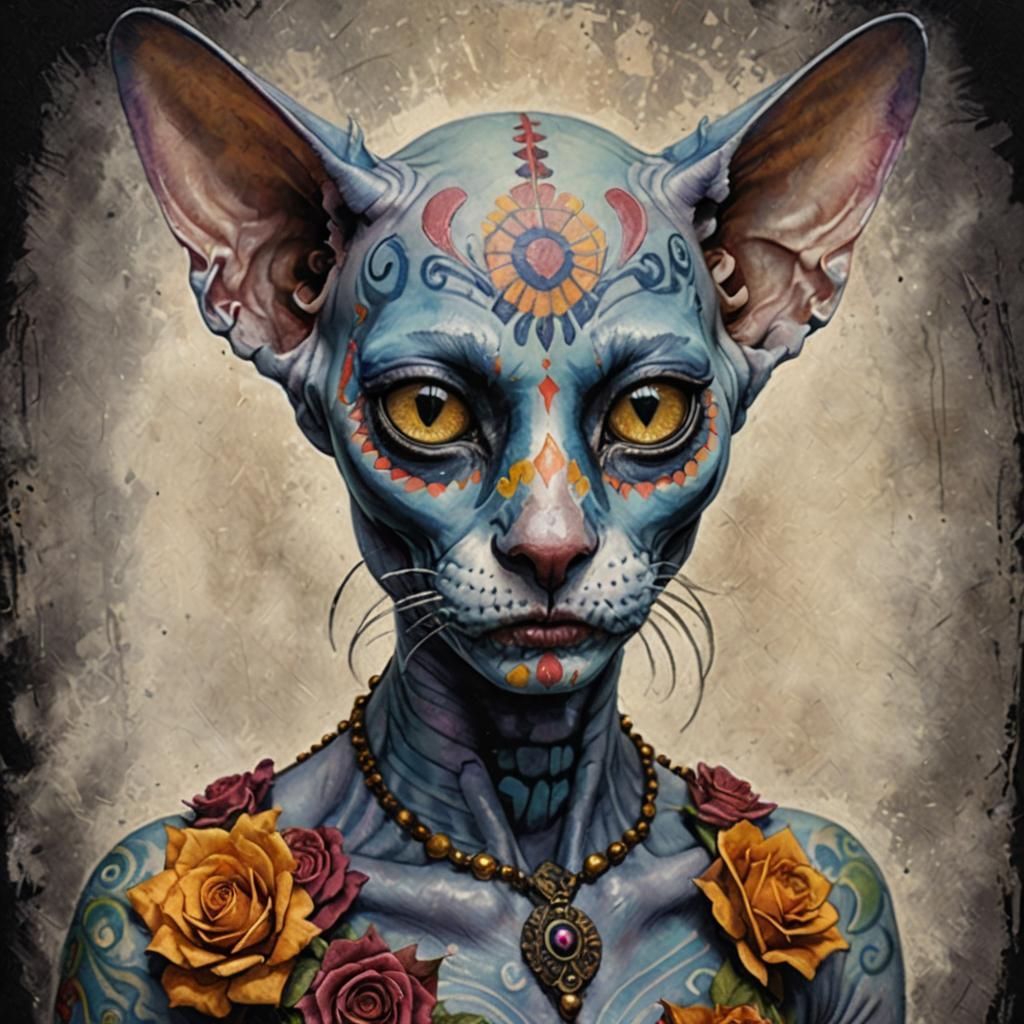 Day of the Dead Sphynx Cat in Brian Froud Style