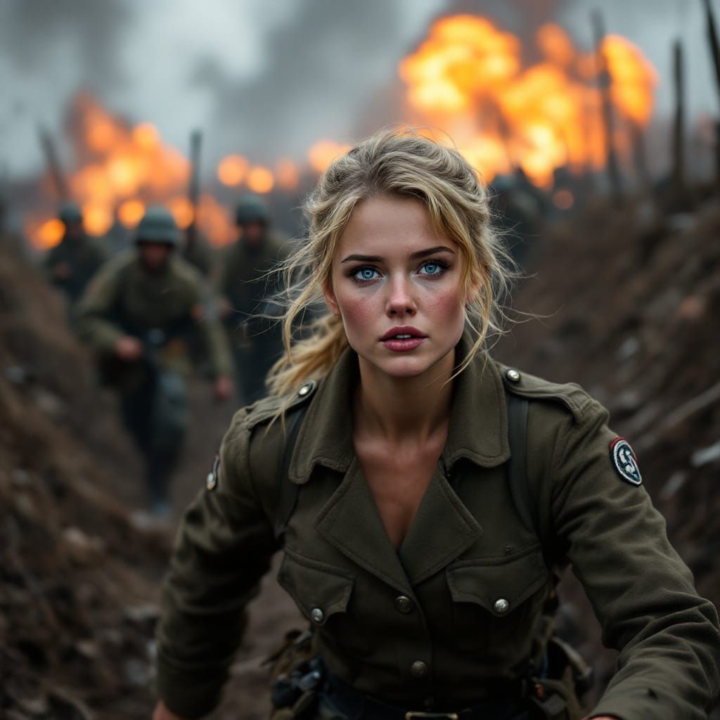 WWI Trench Scene with Heidi Amidst Explosions