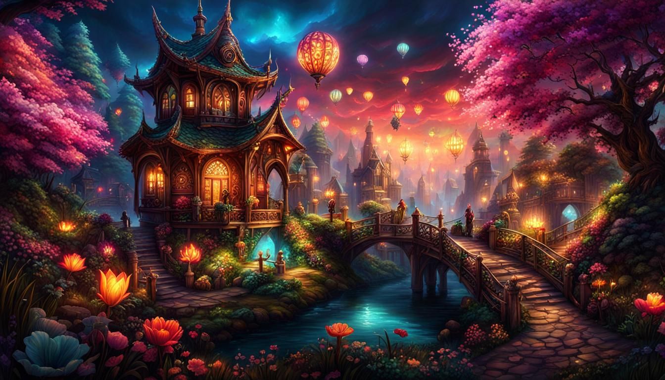 Fantasy Spring Gaming World with Fairy Lights