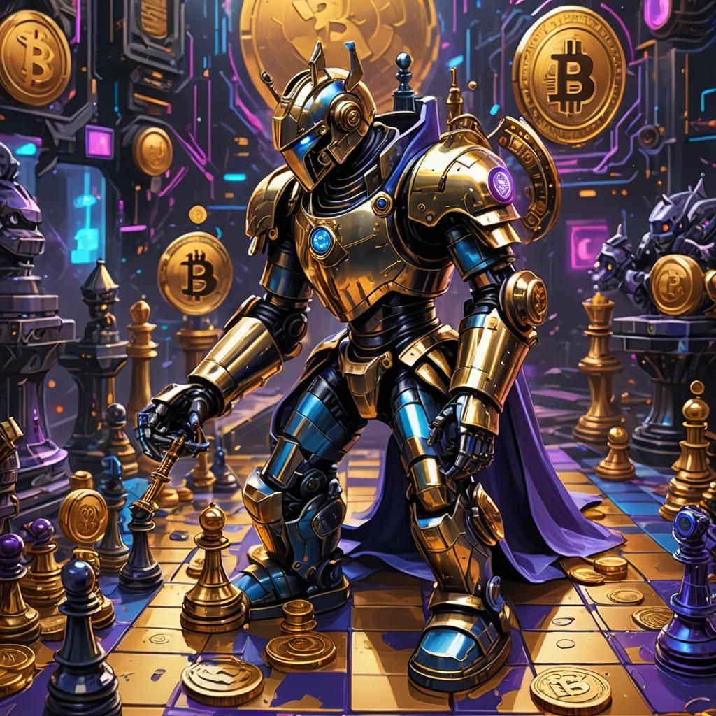 Cyberpunk Knight Chess Piece Mecha on Bitcoin Board