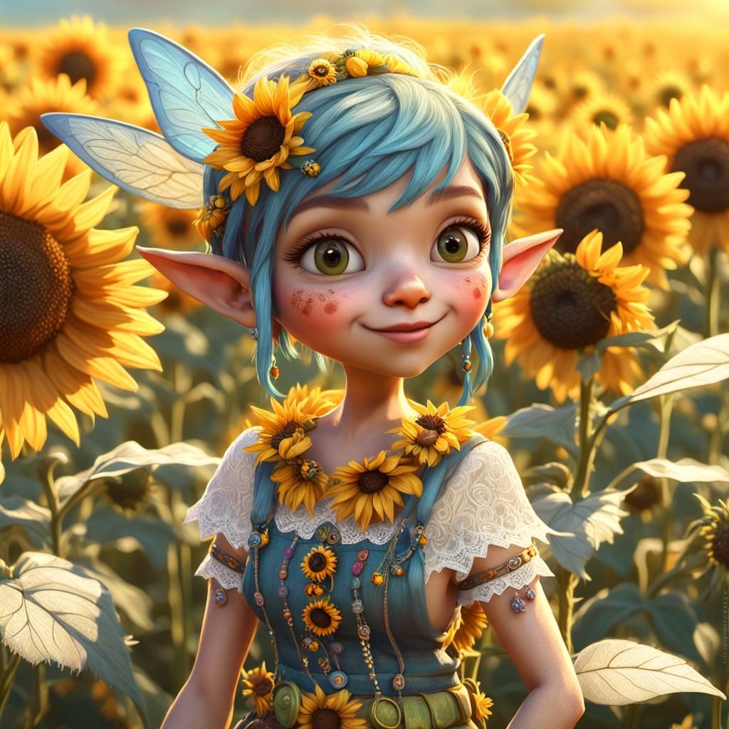 Pixie Elf in Sunflower Field: Digital Art