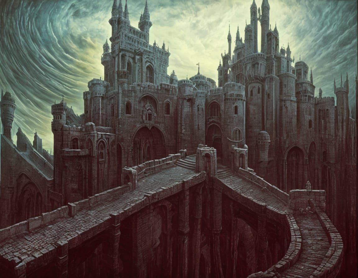 Surreal Castle Painting with Drawbridges and Moats