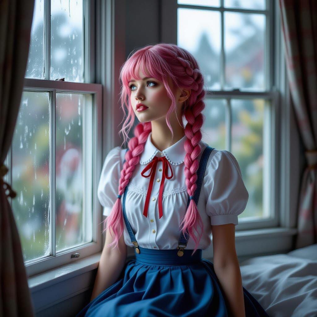 Melancholic Girl at Window in Art Nouveau Style