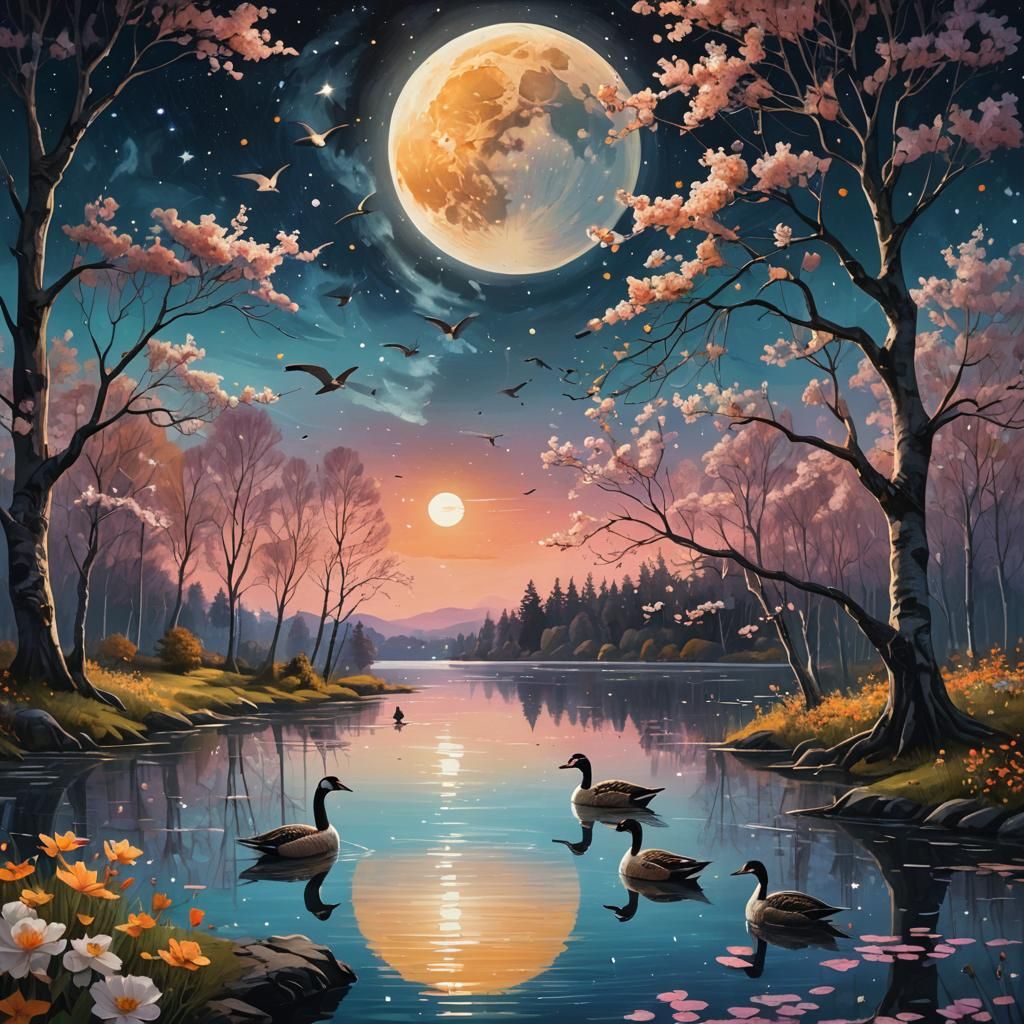 Fantastical Lakeside Landscape Under a Glowing Moon