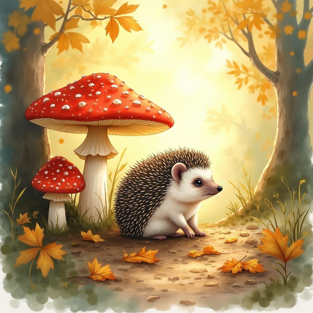 Hedgehog Among Mushrooms in Dappled Sunlight Watercolor
