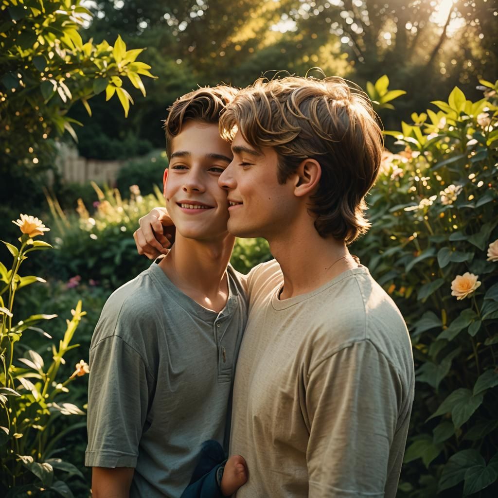 Gay Man Kissed by Boy in Sun-Drenched Garden