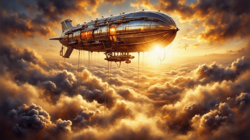 Steampunk Airship Rises Above Clouds in Golden Sunrise Glow