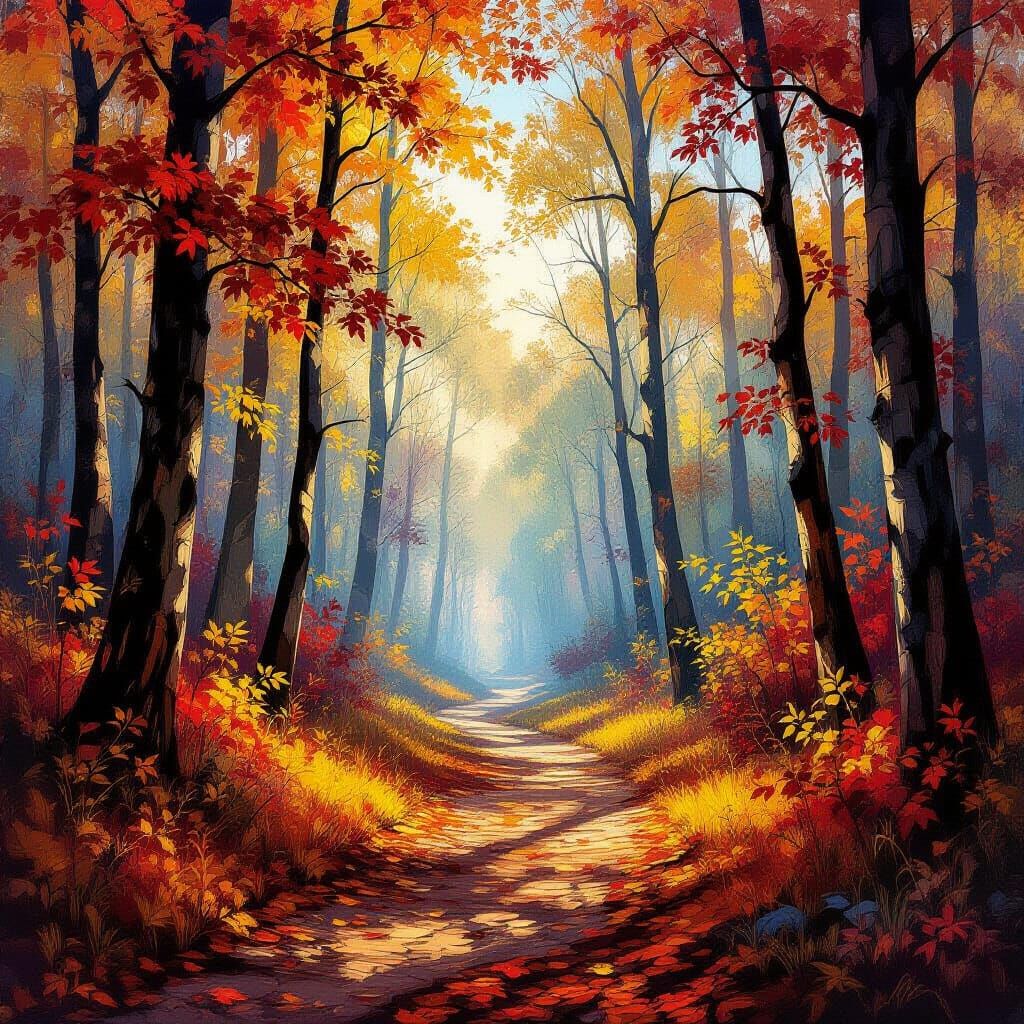 Enchanted Autumn Forest Path in Impressionistic Style