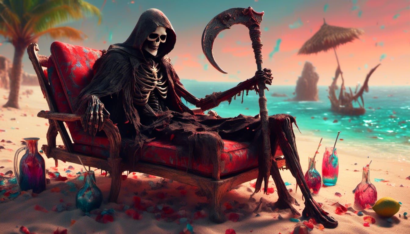 Grim Reaper on Vacation: Pixar-Style Beach Relaxation