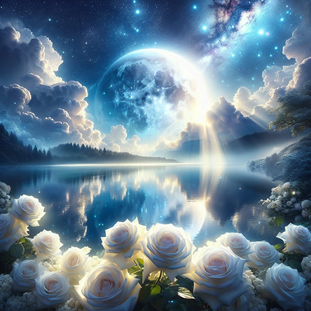 Glowing Lake with Roses Under Galaxy