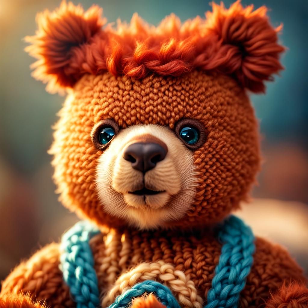 Cute Knitted Teddy Bear with Big Eyes in Fantasy Art