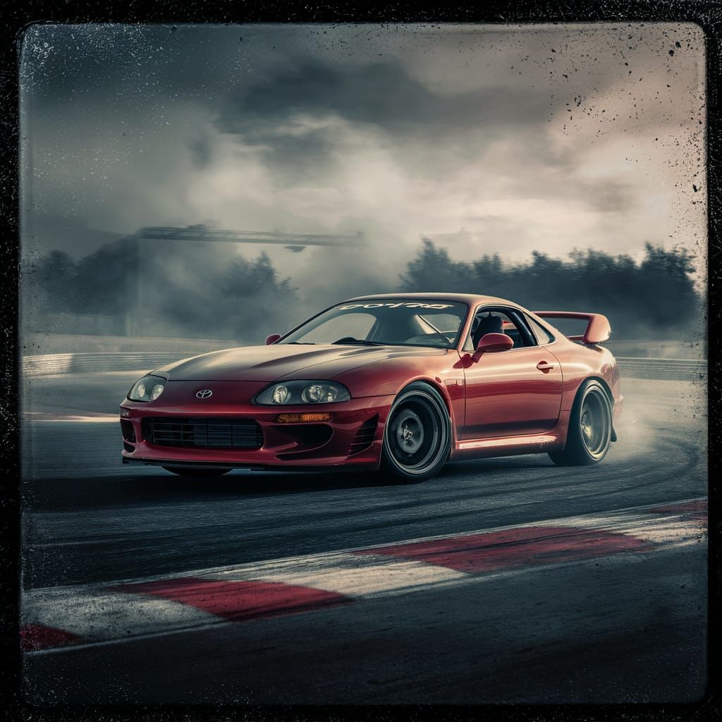 Red Toyota Supra Drifting on Racetrack: Cinematic Style