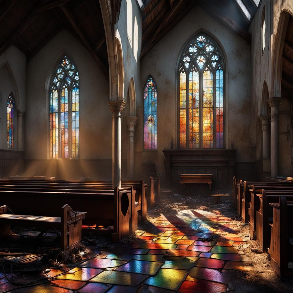 Abandoned Church Interior with Stained Glass