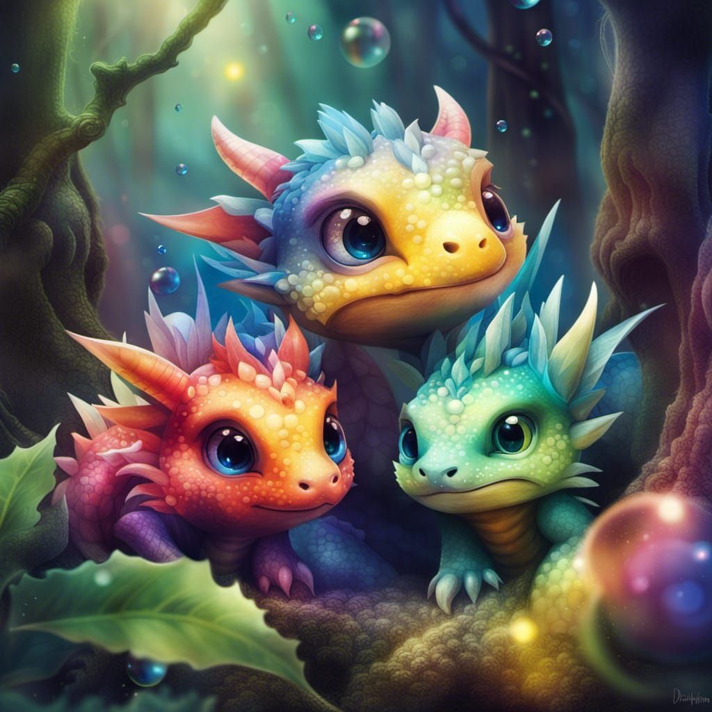 Rainbow Dragons Frolic in Forest, Hyperrealistic Photo