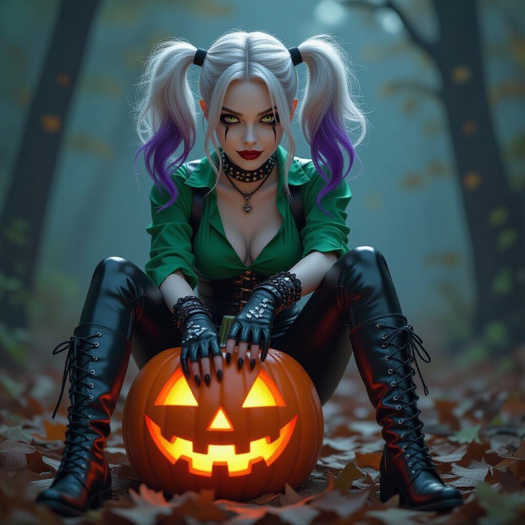 Gothic Harley Quinn on Jack o Lantern in Horror Style