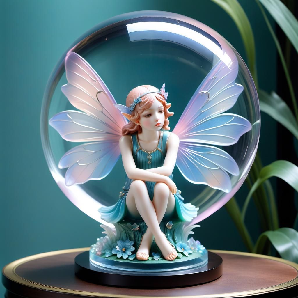 Sad Fairy Figurine in Glass Globe, Art Nouveau