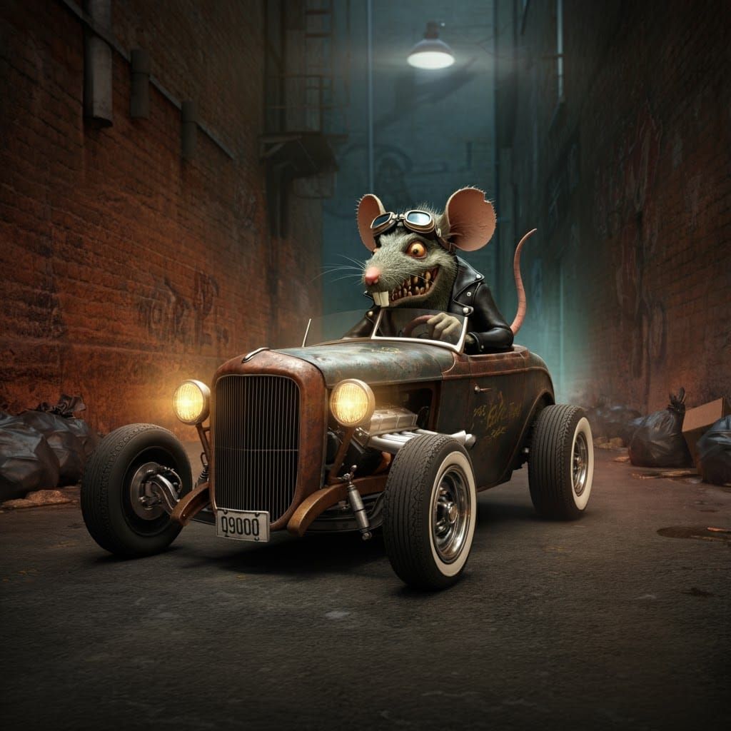 Ratfink Monster Drives Ratrod in Gritty 3D Render
