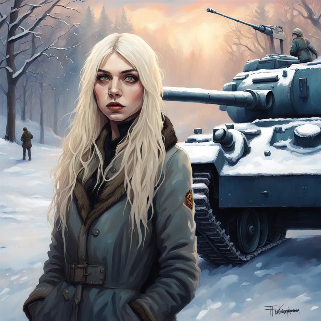 Taylor Momsen and T-34 Tank in Winter
