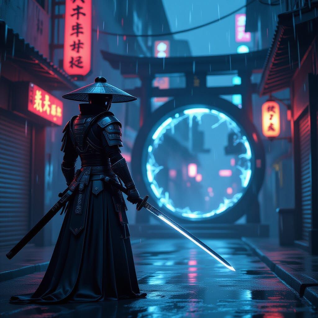 Cyberpunk Samurai Guarding Portal in Neon Cityscape