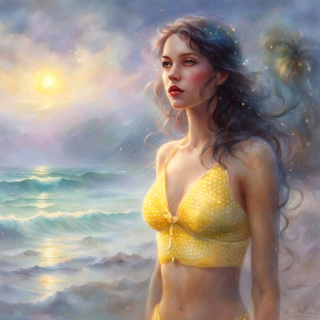 Yellow Polka Dot Bikini on Beach, Hyperdetailed