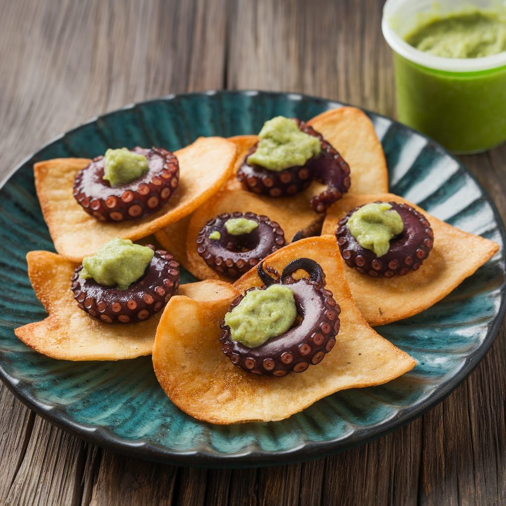 Golden Brown Wasabi and Octopus Chips on a Wooden Plate
