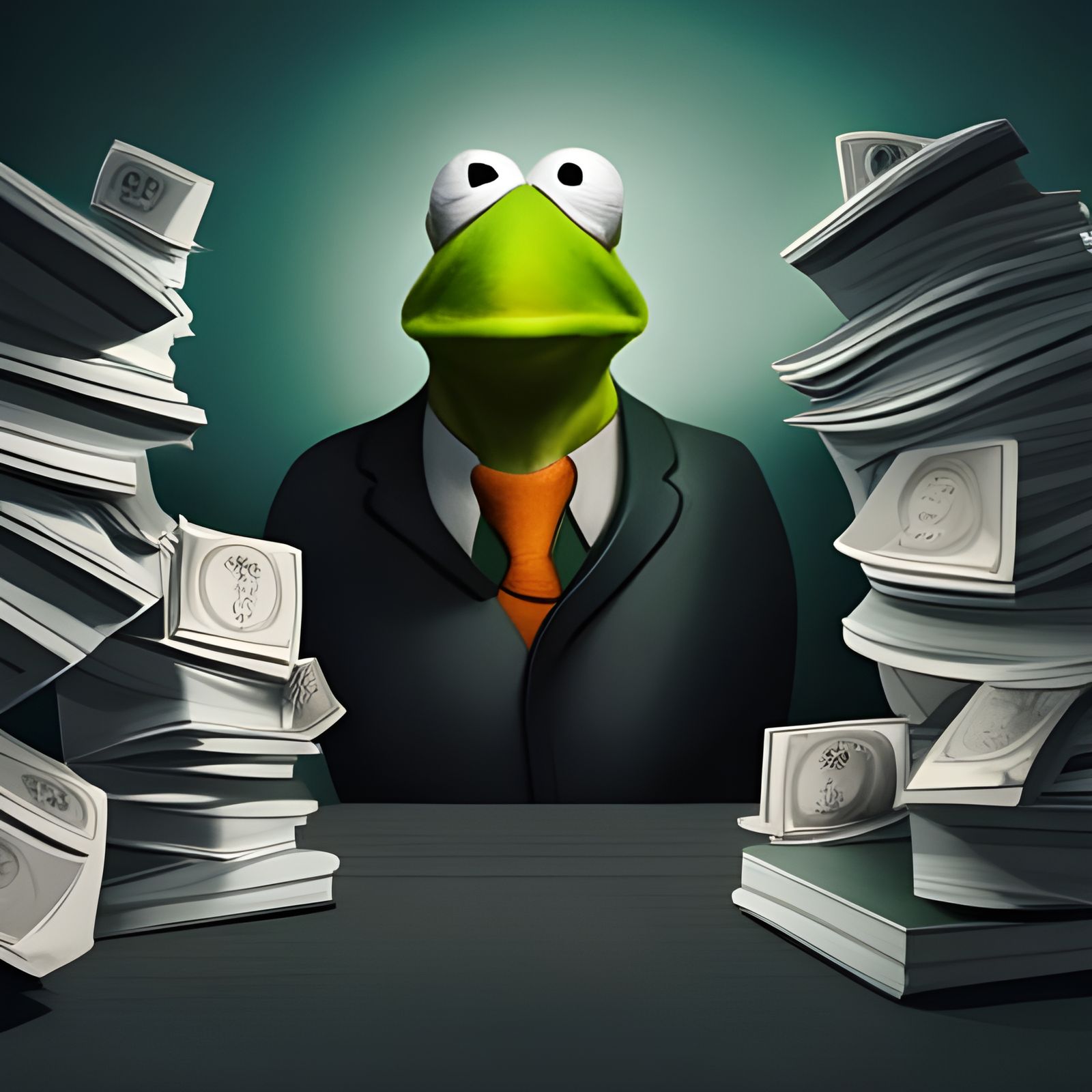 Sad Kermit in Business Suit Surrounded by Money